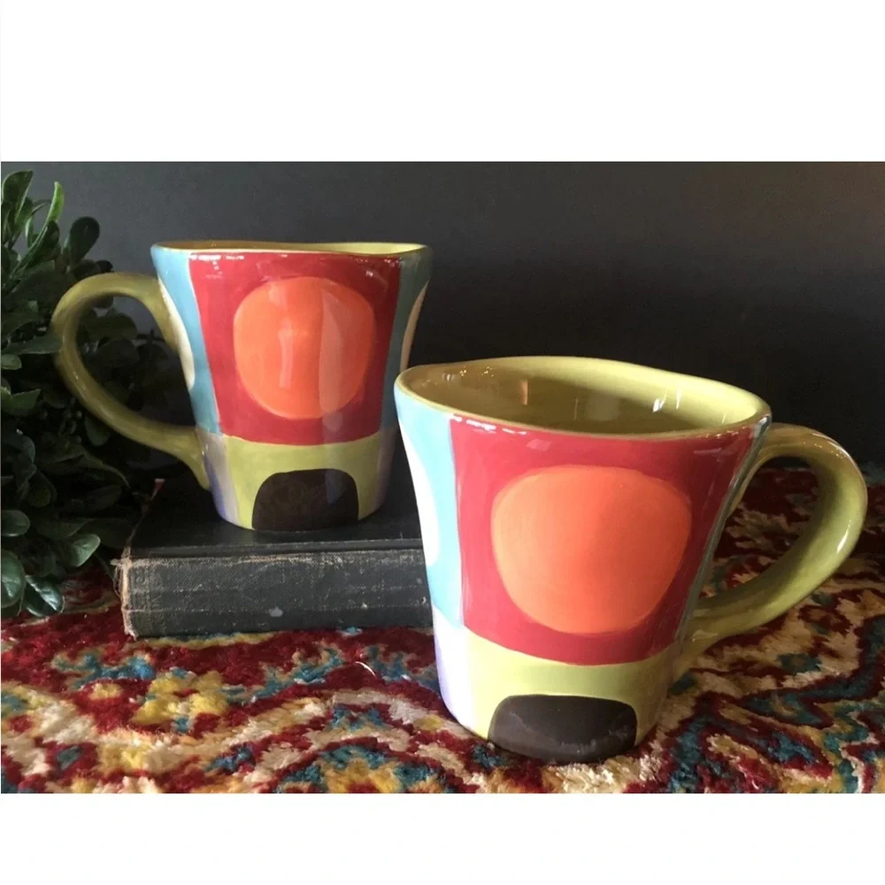 2 Pier 1 Hand-Painted Urban Dot Coffee Mug Colorful Earthenware 16 oz. Excellent